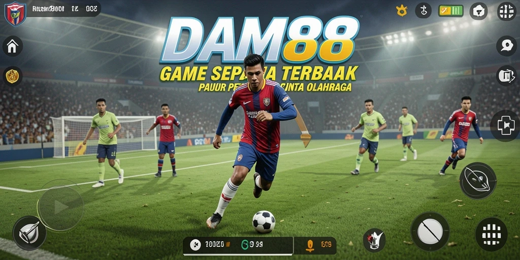 Tampilan gameplay menarik di lapangan sepak bola penuh aksi.