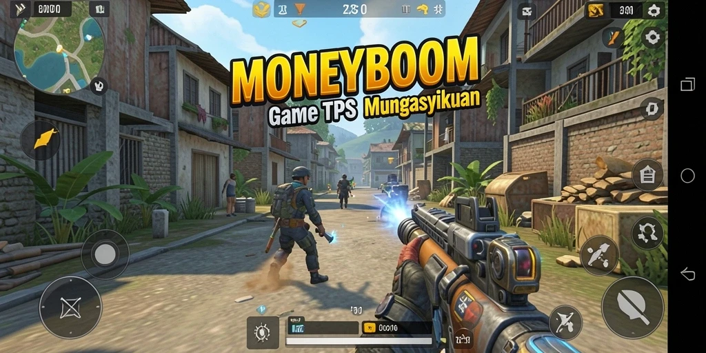Tampilan gameplay utama MONEYBOOM dengan pertempuran TPS yang seru.