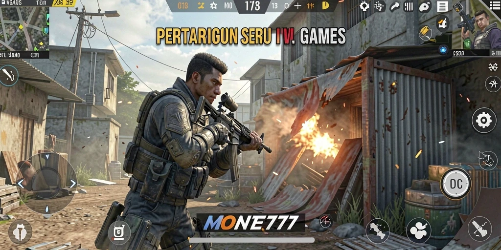 Tampilan gameplay intens dari MONTE77 dalam aksi tembak-menembak.