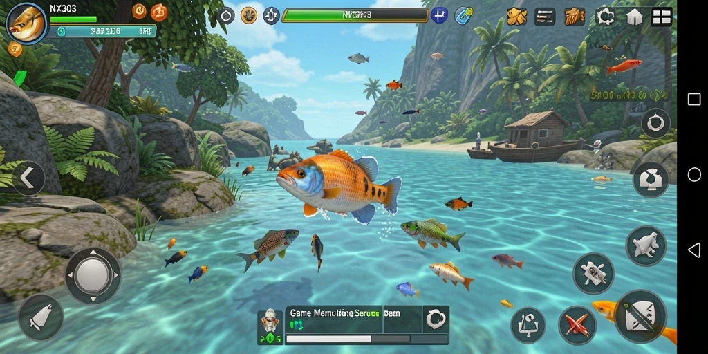 Tampilan gameplay NX303 yang menampilkan aksi memancing yang seru.