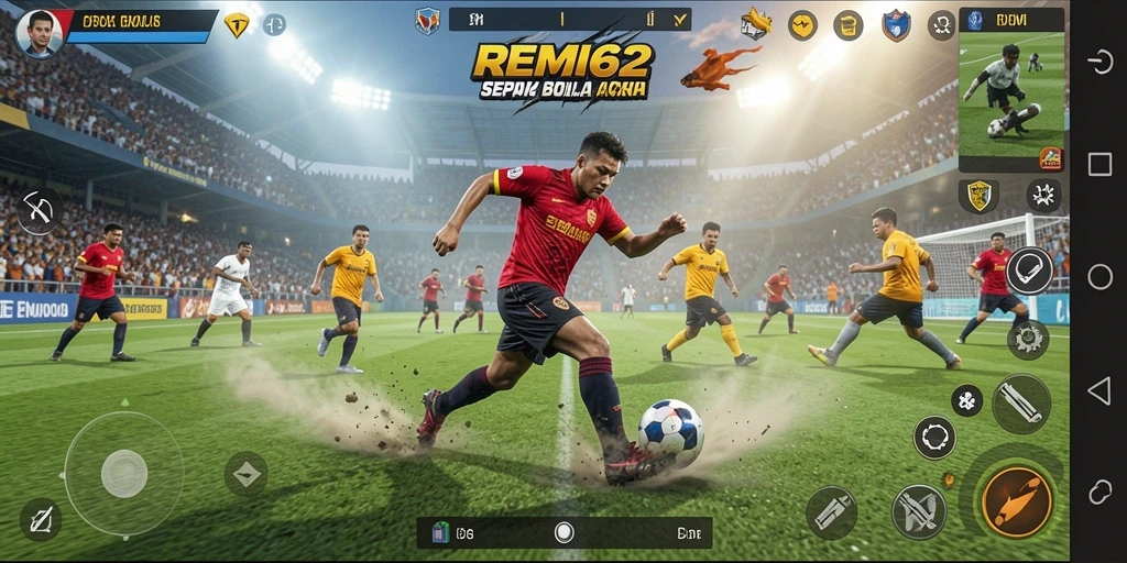Tampilan gameplay mendebarkan dalam REMI62 saat pemain berlaga di lapangan.