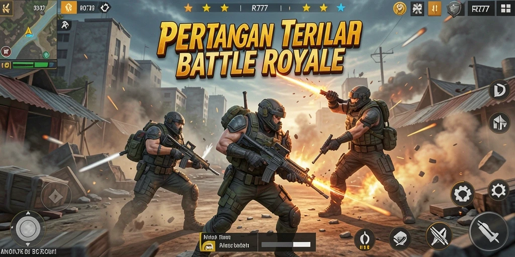Screenshot utama RR777 menampilkan aksi intens gameplay Battle Royale.