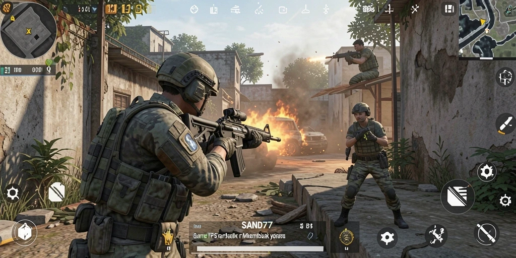 Screenshot SAND77 menunjukkan aksi seru dalam permainan FPS.