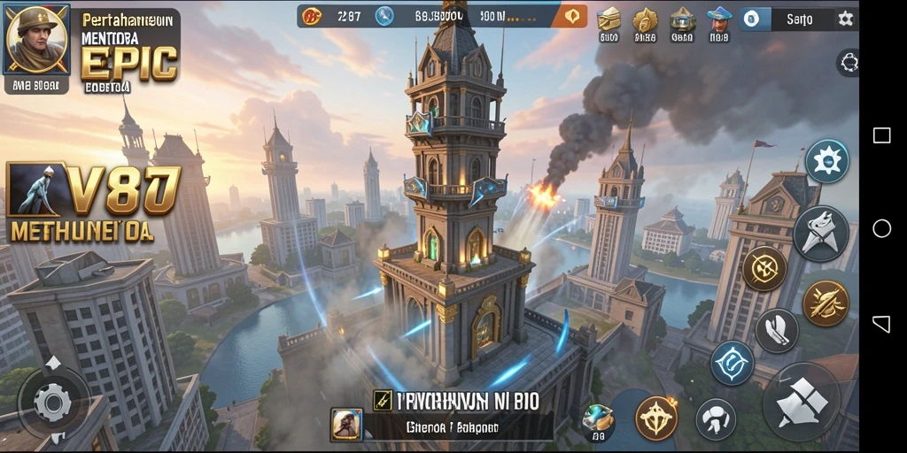 Tampilan gameplay V87 dengan aksi menara yang mendebarkan.